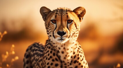 Male Cheetah against savanna forest ambience background with space for text, background image, AI generated