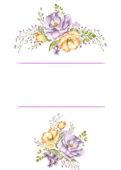 lilac delicate roses, light orange poppies, decorative twigs and leaves. Postcard. bouquets watercolor illustration on a white background. in the style of a sketch.