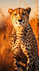 Male Cheetah against savanna forest ambience background with space for text, background image, AI generated