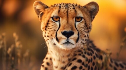 Male Cheetah against savanna forest ambience background with space for text, background image, AI generated