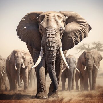 Big male elephant against a herd of elephants ambience background with space for text, background image, AI generated