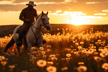 Cowboy Riding Horse in Field of Flowers at Sunset