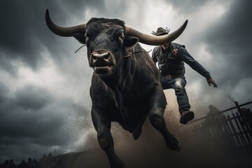 Epic Moment, A Bull Throws a Cowboy Off its Back During a Rodeo - obrazy, fototapety, plakaty