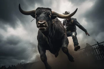 Foto op Canvas Epic Moment, A Bull Throws a Cowboy Off its Back During a Rodeo © gankevstock