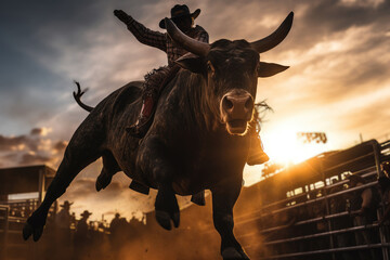 Bucking action during the bull riding competition at a rodeo - obrazy, fototapety, plakaty