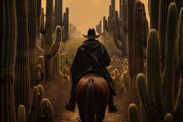 cowboy rides a horse through a cactus field - obrazy, fototapety, plakaty