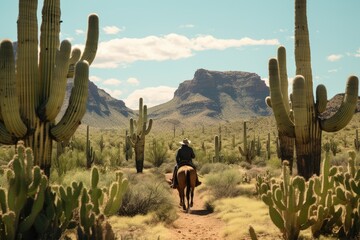 Cowboy on Horseback in the Desert with cactuses and rocky mountains landscape