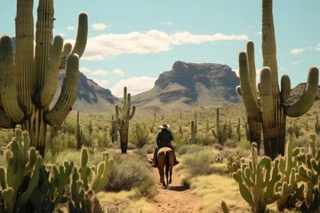 Rolgordijnen Cowboy on Horseback in the Desert with cactuses and rocky mountains landscape © gankevstock