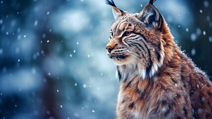 Portrait of a big male Lynx against winter snowfall ambience background with space for text, background image, AI generated - obrazy, fototapety, plakaty