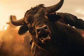 Angry bull charges with cowboy on his back in dusty rodeo arena - obrazy, fototapety, plakaty