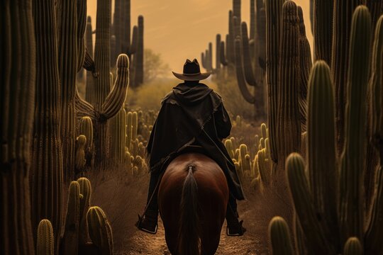 cowboy rides a horse through a cactus field