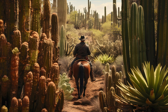 cowboy rides a horse through a cactus field