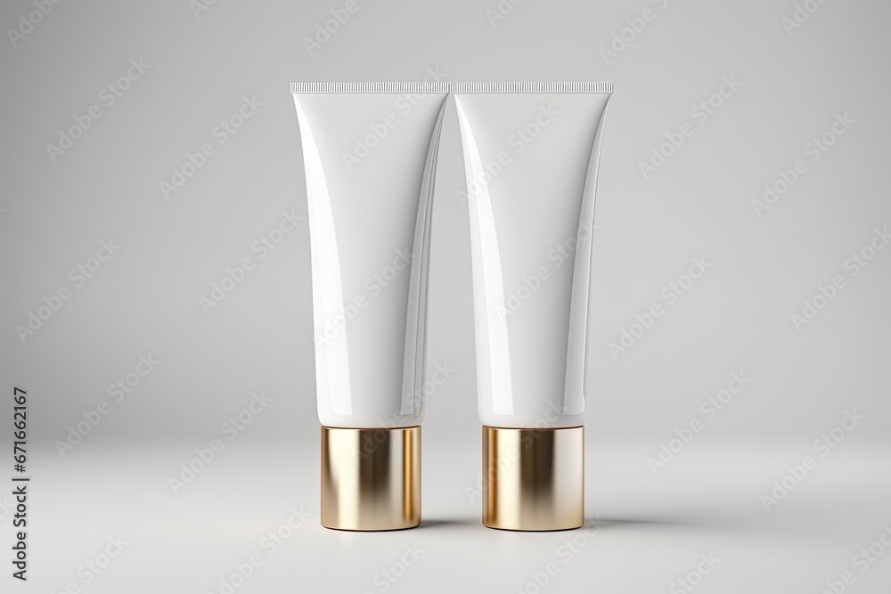 Poster White and gold cosmetic tubes with space for text on a white background.