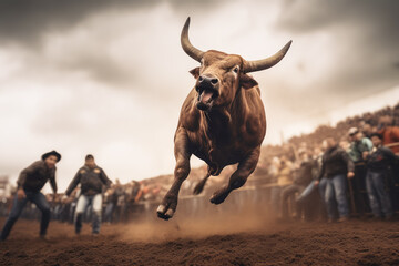 Strength and Fury, An Angry Bull Running in a Rodeo Arena - obrazy, fototapety, plakaty