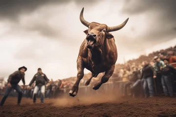 Foto op Plexiglas Strength and Fury, An Angry Bull Running in a Rodeo Arena © gankevstock