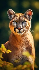 Obraz premium Portrait of a big male puma against forest ambience background with space for text, background image, AI generated