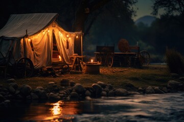 Serene riverside camping with vintage wagon and cozy tent - obrazy, fototapety, plakaty