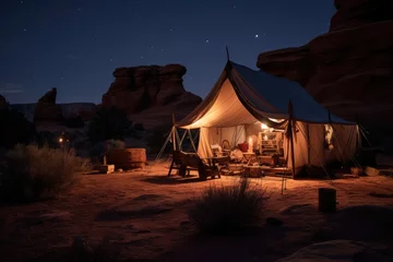 Kussenhoes camping in the desert wilderness dreamy night sky background © gankevstock