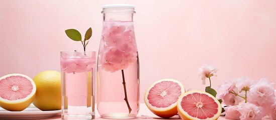 Healthy lifestyle with refreshing grapefruit detox water and blooming brunch in the background - obrazy, fototapety, plakaty