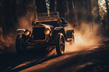 Fototapeta na wymiar Vintage car speeding ride through a dusty forest road