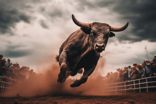 Strength and Fury, An Angry Bull Running in a Rodeo Arena