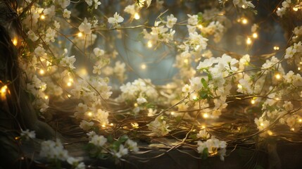 The soft glow of fairy lights entwined with jasmine flowers on a serene evening.