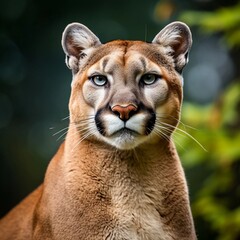 Obraz premium Portrait of a big male puma against forest ambience background with space for text, background image, AI generated