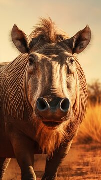 Portrait of a big male Warthog against savanna ambience background with space for text, background image, AI generated