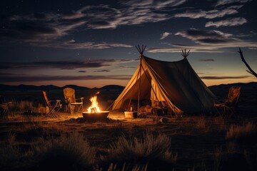 old fashioned outdoor cowboy camping with tent and campfire, night sky view