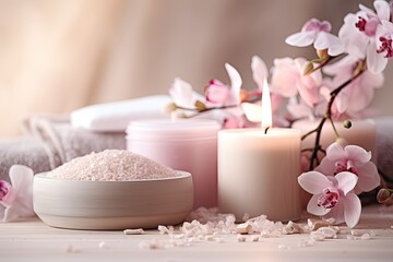 Spa wellness products displayed on light wood background.