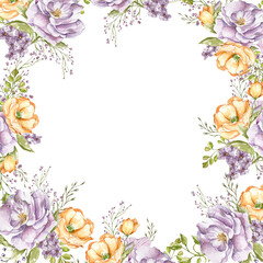 lilac delicate roses, light orange poppies, decorative twigs and leaves. Frame. bouquets watercolor illustration on a white background. in the style of a sketch.