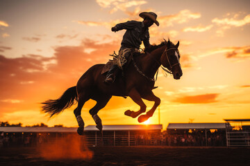 silhouette of a cowboy riding a horse in motion during a rodeo event against a sunset background