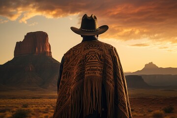 back view of a lone cowboy in a poncho standing against a sunset and mountainous landscape