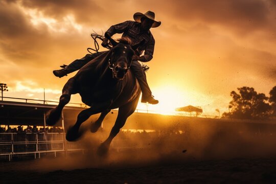 silhouette of a cowboy riding a horse in motion during a rodeo event against a sunset background