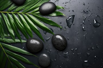 Obraz na płótnie Canvas Top view of palm leaves and wet black stones on a grey spa background.