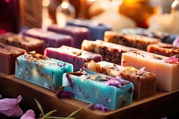 Closeup of artisan soap and spa items.