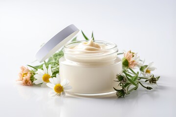 Fototapeta na wymiar Floral skincare cream in glass jar, for cosmetic dermatology, on white background.