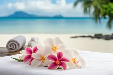 Kissenbezug Tropical flower hot massage by a professional masseur, on a beach near the sea, for relaxation in a tropical spa. © The Big L