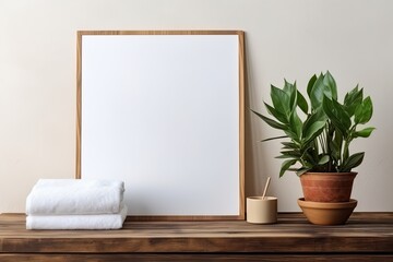 Wooden table with mockup bath towels, blank poster, and houseplant, with copy space.