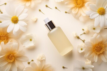 Obraz na płótnie Canvas Natural skincare and fragrance concept featuring floral composition with bio serum, herbal oils, and cream on a trendy monochrome pastel backdrop.