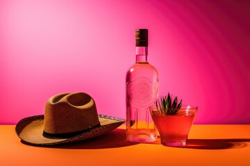 Obraz na płótnie Canvas glass bottle of tequila mezcal and a straw hat on pink background