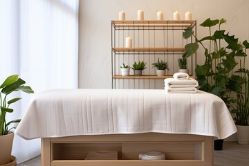 Empty salon with white towels on massage table. Modern physiotherapist cabinet in aesthetic clinic, nobody. Room with plants, beautician in wellness center. Copy space.