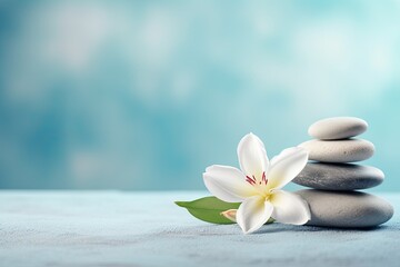 Fototapeta na wymiar Zen stones, flowers, and towels on light blue background convey spa and wellness concept. Promote relaxation and calmness. Still life image. Banner.