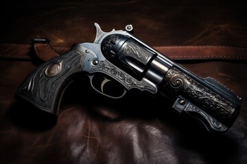 Old Vintage engraved western revolver gun top view - obrazy, fototapety, plakaty