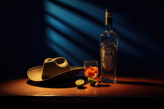 glass bottle of tequila mezcal and a straw hat on dark blue background