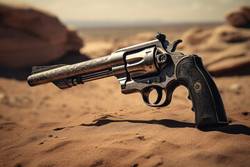 Old Vintage engraved western revolver gun on sandy desert background - obrazy, fototapety, plakaty