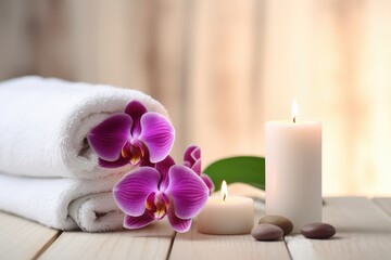 Aromatherapy items, orchid and towel on white table. Spa treatment and relaxation concept.