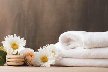 Fototapeta na wymiar Towels, flowers, table, text space, body care, relaxation.