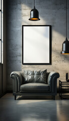 Sitting area Modern living room Mockup poster frame on the wall, a stylish sofa in Scandinavian Livingroom, 3d rendering, 3d illustration copy space. Stylish interior design