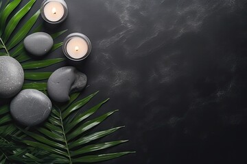 Obraz na płótnie Canvas Zen-like grey stones, palm leaves, and candles arranged on a white background in a flat lay, top view.